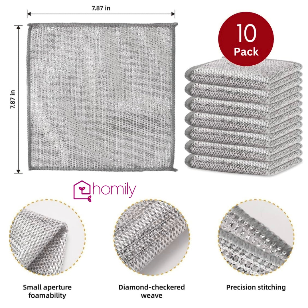 Homily Non-Scratch Wire Dishcloth & Gaps Cleaning Brush, Multipurpose Wire Dishwashing Rags for Wet and Dry (Pack of 10 + 1 Brush)